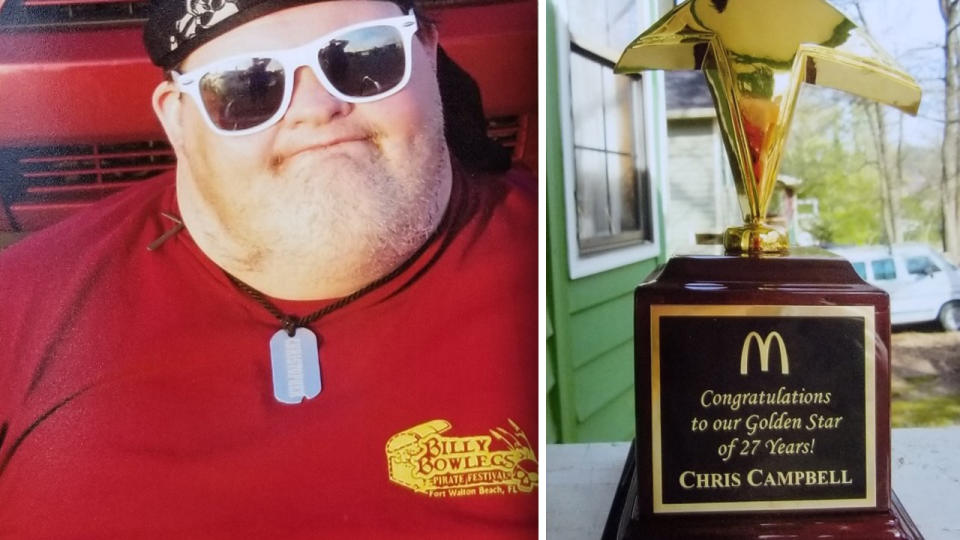 Chris Campbell, who had Down syndrome, has died after being honoured with a Golden Star award for 27 years of working at McDonalds in Georgia, US. 