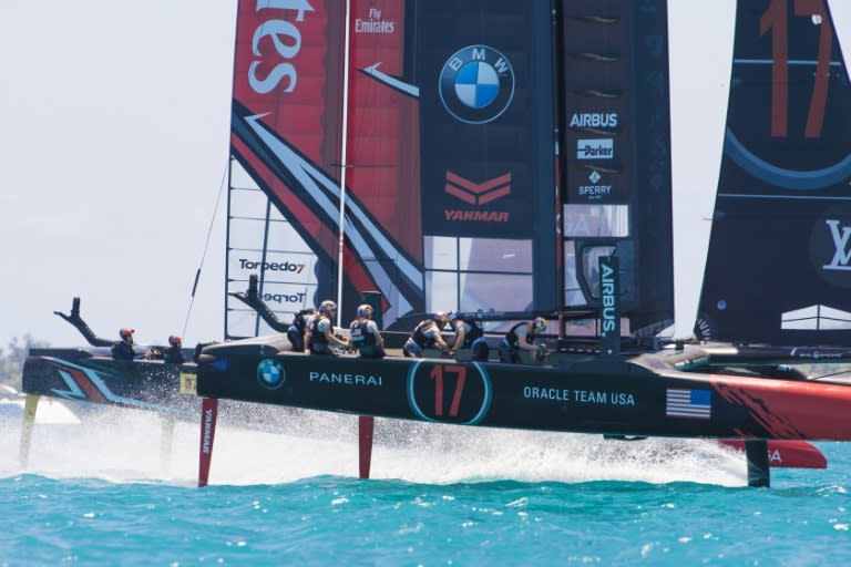 Oracle Team USA and Emirates Team New Zealand, seen together in pre-start for race three during the 35th America's Cup, in Hamilton, Bermuda, on June 18, 2017