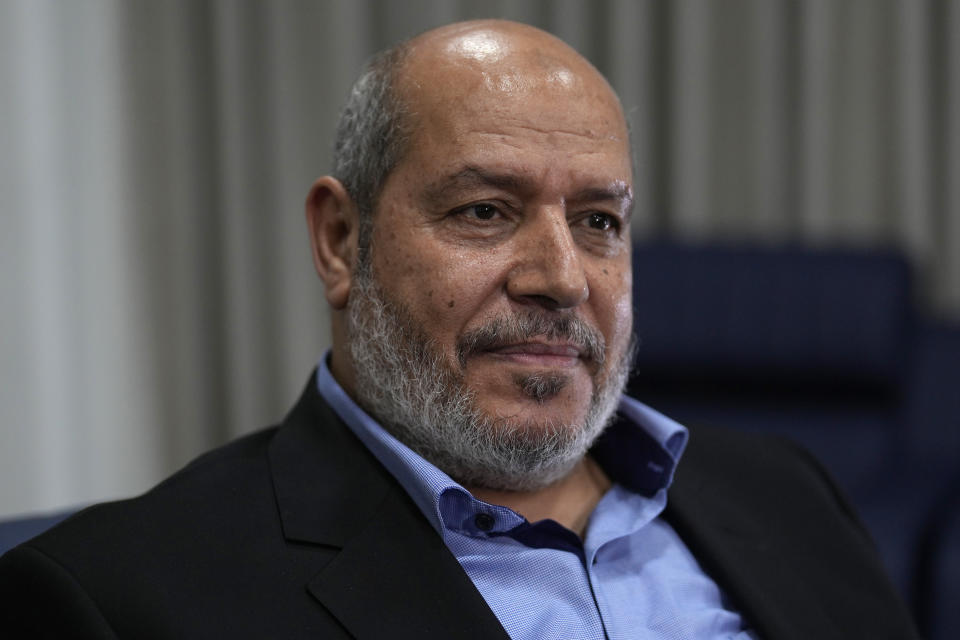 Khalil al-Hayya, a high-ranking official with the Palestinian militant group, who has represented it in negotiations for a ceasefire and hostage exchange deal, speaks during an interview for The Associated Press, in Istanbul, Turkey, Wednesday, April 24, 2024. (AP Photo/Khalil Hamra)