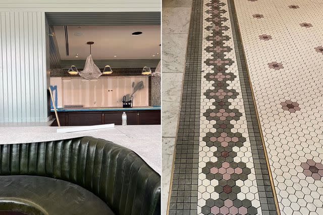 <p>joannagaines/Instagram</p> Green leather banquettes and custom mosaic tiles in the Hotel 1928