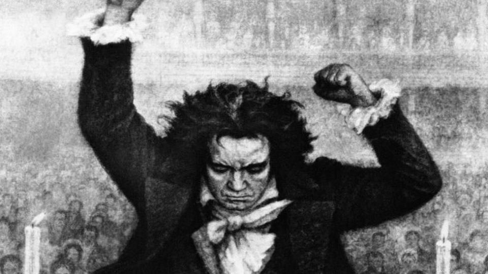 Dibujo de Beethoven dirigiendo una orquesta