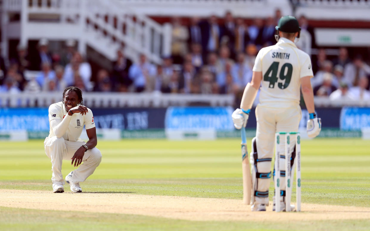 Englands Jofra Archer reacts as he bowls to Australias Steve Smith during day four of the Ashes Test match at Lord's, London. (Photo by Mike Egerton/PA Images via Getty Images)