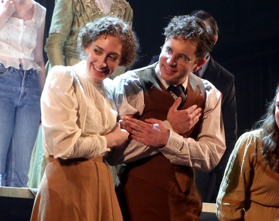 new york, new york november 01 micaela diamond and ben platt during the opening night curtain call for parade at new york city center on november 01, 2022 in new york city photo by bruce glikaswireimage