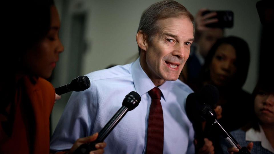 PHOTO: House Judiciary Committee Chairman Jim Jordan (R-OH) talks to reporters as he heads from his office in the Rayburn House Office Building to the U.S. Capitol on October 18, 2023 in Washington, DC. (Chip Somodevilla/Getty Images)