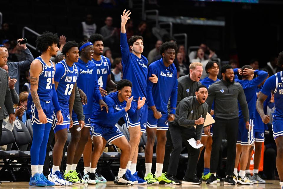 Jan 9, 2024; Washington, District of Columbia, USA; Seton Hall Pirates bench players celebrate against the Georgetown Hoyas during the second half at Capital One Arena. Mandatory Credit: Brad Mills-USA TODAY Sports