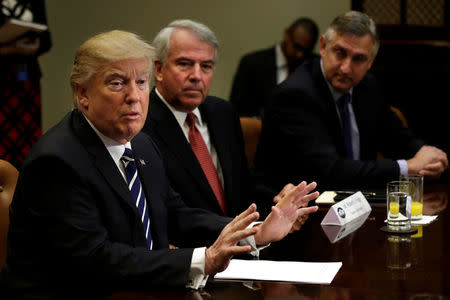 U.S. President Donald Trump talks with Pharma industry representatives as Robert Hugin (2nd R) Executive Chairman of Celgene and Robert Bradway (R) CEO of Amgen look on during a meeting at the White House in Washington, U.S., January 31, 2017. REUTERS/Yuri Gripas