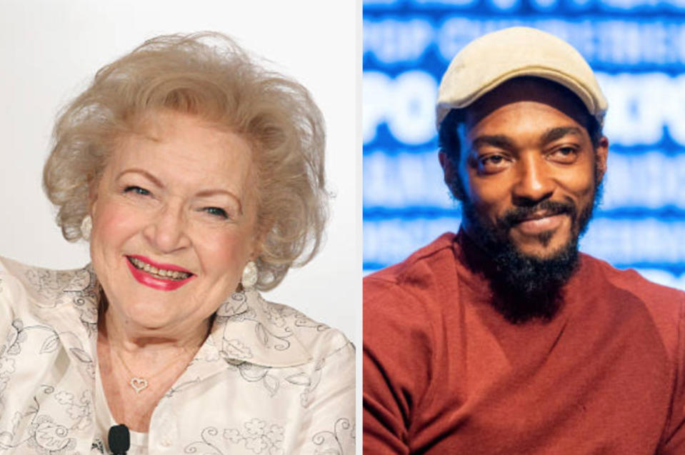 left: Betty White at the "Betty White's Off Their Rockers" panel event during the 2012 Winter TCA Tour, right: Actor Anthony Mackie talks at the FAN EXPO on January 09, 2022