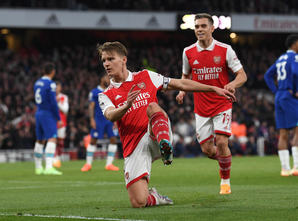 LONDON, ENGLAND - MAY 02: Martin Odegaard celebrates scoring his and Arsenal's 2nd goal during the Premier League match between Arsenal FC and Chelsea FC at Emirates Stadium on May 02, 2023 in London, England. (Photo by David Price/Arsenal FC via Getty Images)