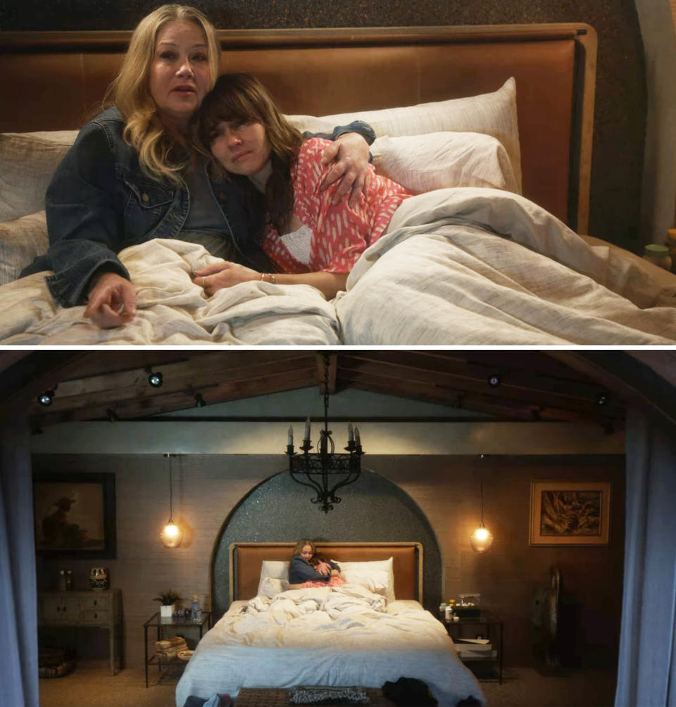 Jen and Judy in bed hugging