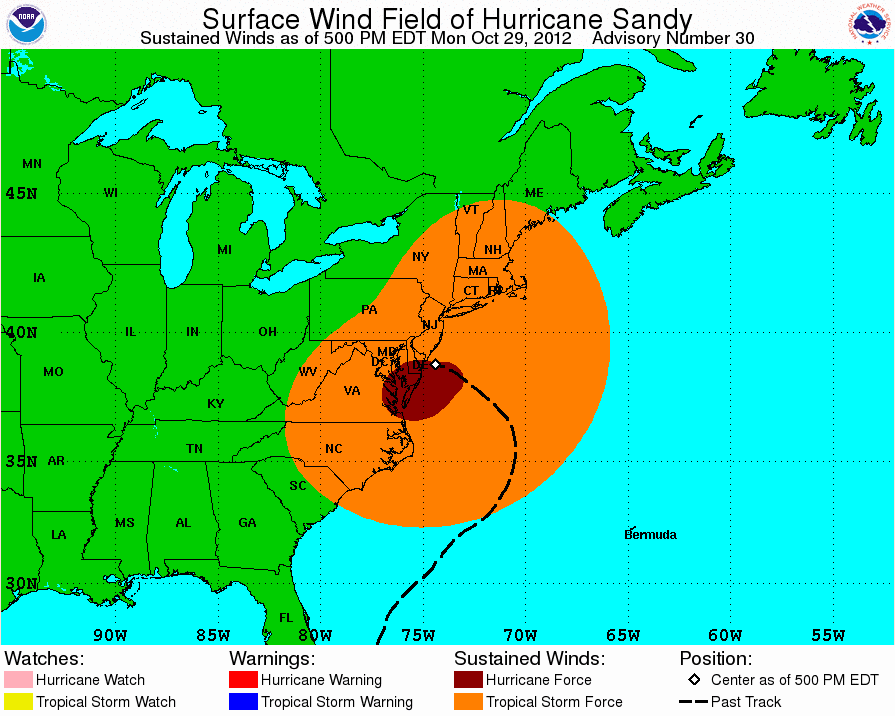 (NHC) Hurricane Sandy's wind field at landfall