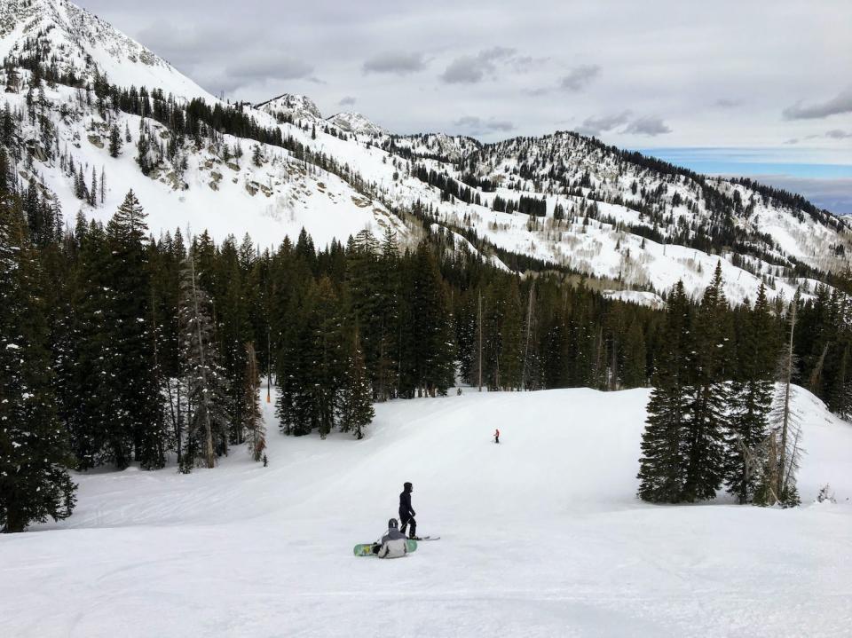 Snowboarders at Brighton Ski Resort outside of Midway, Utah.