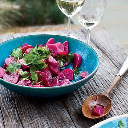 <p>Kenny Rochford, general manager of Medlock Ames winery, pickles Chioggia beets from the winery gardens to use in the tasting room. They're perfect in a salad with parsley and fennel fronds. </p><p><a href="https://www.myrecipes.com/recipe/pickled-beet-salad" rel="nofollow noopener" target="_blank" data-ylk="slk:Pickled Beet Salad Recipe;elm:context_link;itc:0" class="link ">Pickled Beet Salad Recipe</a></p>