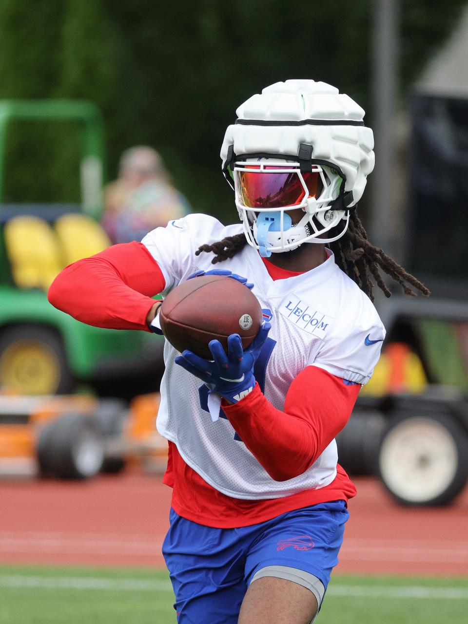 Bills running back James Cook catches a short pass during training camp.