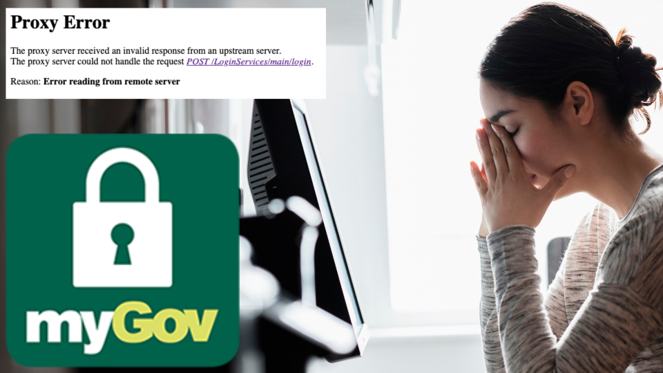 Pictured: myGov's proxy error warning after the site went down, a frustrated woman at her desk and the myGov logo. Images: Getty, myGov