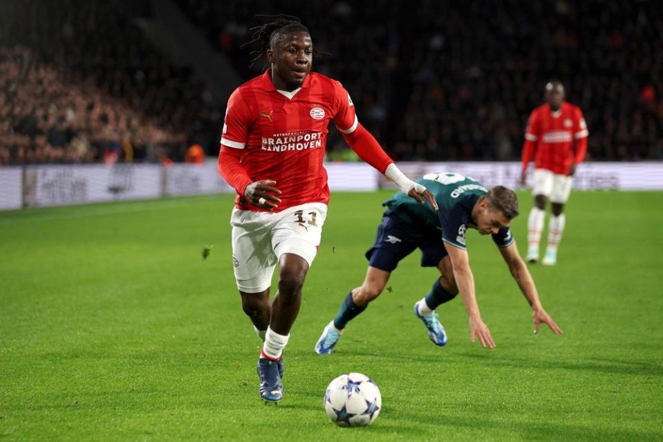 EINDHOVEN, NETHERLANDS: Johan Bakayoko of PSV in action during the UEFA Champions League match between PSV Eindhoven and Arsenal FC at Philips Stadion on December 12, 2023. (Photo by Dean Mouhtaropoulos/Getty Images)