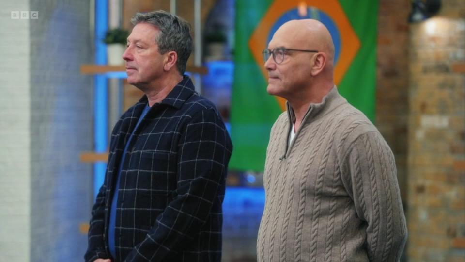 celebrity masterchef 2023 left to right, john torode , black check shirt, gregg wallace, grey fleece