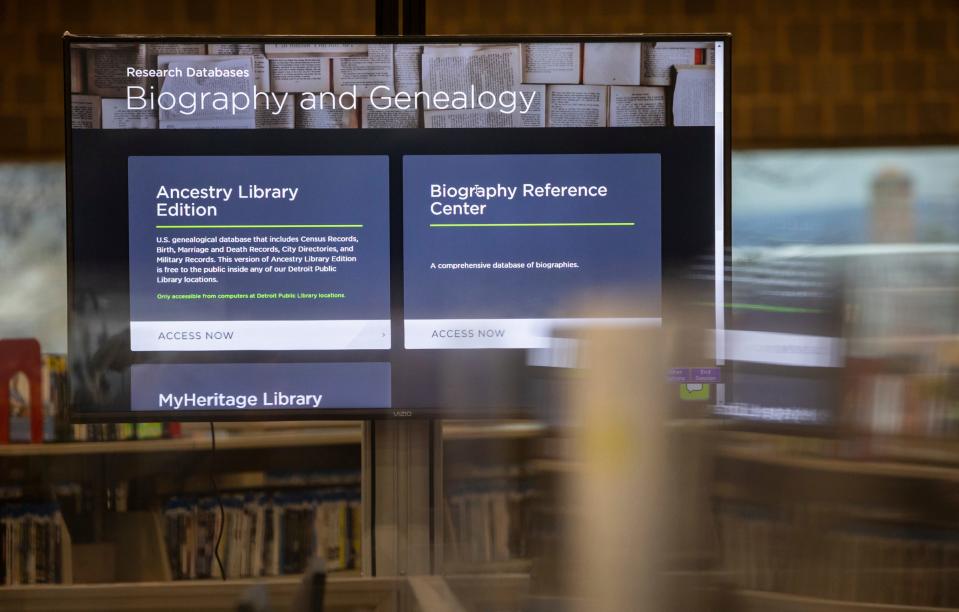 A genealogy class teaching library members how to use an online database through the Detroit Public Library goes on inside the Redford Branch in Detroit on Nov. 21, 2023. The Finding Your Roots class is offered every first and third Tuesday of the month.