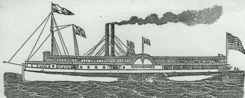 An artist rendering of the Southerner, a steamboat built by Asa Keating in Monroe in 1847, is shown. Asa Keating also built the Baltimore that year, and his older brother, Joseph, built the Champion three years earlier in Newport.