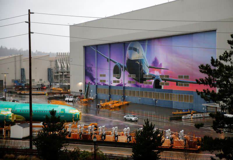 Boeing 737 Max fuselages are seen parked outside the company's production facility in Renton