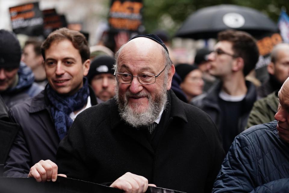 Chief rabbi Mirvis taking part in the event organised by the Campaign Against Antisemitism (Jordan Pettitt/PA)