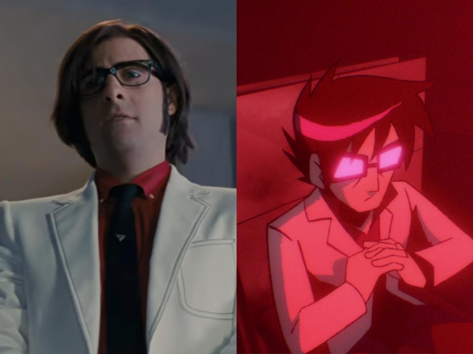 left: jason schwartzman as gideon graves, wearing a red shirt, white blazer, and black tie. he has on large black rimmed glasses and his hair is worn to the nape of his neck; right: gideon graves in the anime, his glasses reflective as he sits in a chair and holds his hands together as if plotting