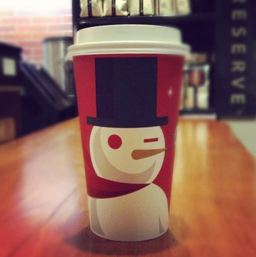 <p>A winking snowman featured in one of Starbucks’ more characterful seasons [Photo: Twitter/Chad B. Hunter] </p>