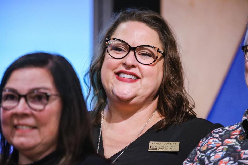 Emily Boyett, a speech-language pathologist at Frontier Elementary in Edmond Public Schools, stands on stage as state schools Superintendent Joy Hofmeister announces the 12 finalists for 2023 Oklahoma Teacher of the Year on Wednesday, Oct. 12, 2022, at the Oklahoma History Center in Oklahoma City.