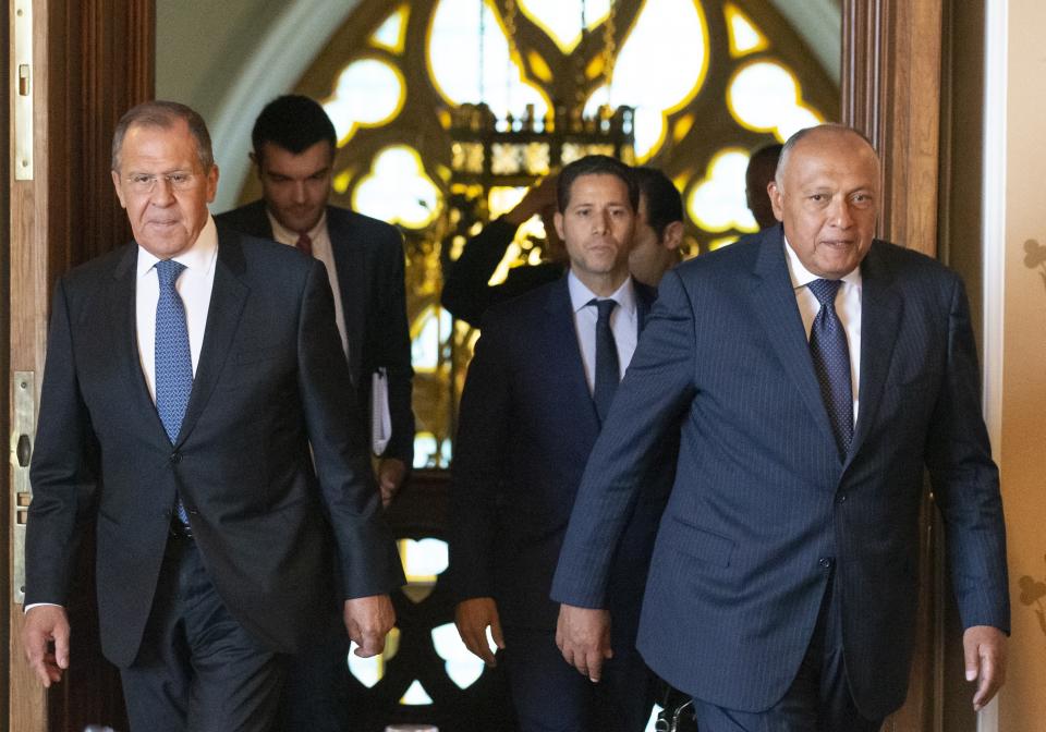 Russian Foreign Minister Sergey Lavrov, left, and Egyptian Foreign Minister Sameh Shoukry enter a hall for their talks in Moscow, Russia, Monday, June 24, 2019. Egyptian President Abdel-Fattah el-Sissi has moved to increase military cooperation with Russia, and the two nation‚ as foreign and defense ministers have held regular meetings. (AP Photo/Alexander Zemlianichenko)