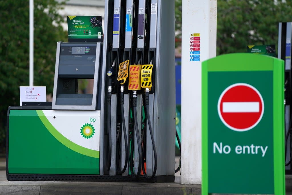 A sign on fuel pumps showing no fuel available at a BP petrol station in Grangemouth (Andrew Milligan/PA) (PA Wire)