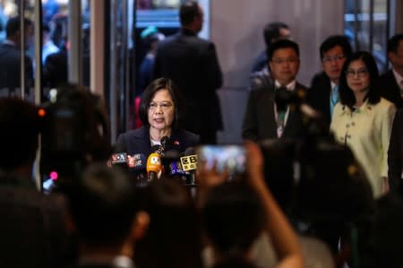 Taiwan President Tsai Ing-wen speaks at Taipei Economic and Cultural Office in New York during her visit to the U.S., in New York City