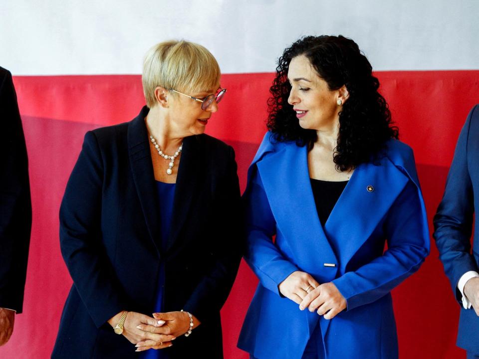 Slovenia's President Natasa Pirc Musar and Kosovo's President Vjosa Osmani-Sadriu talk as they pose for a photo during the Brdo-Brijuni Process in Skopje, North Macedonia in 2023