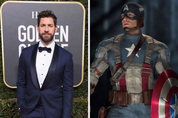 John Krasinski and Chris Evans in costume as Captain America