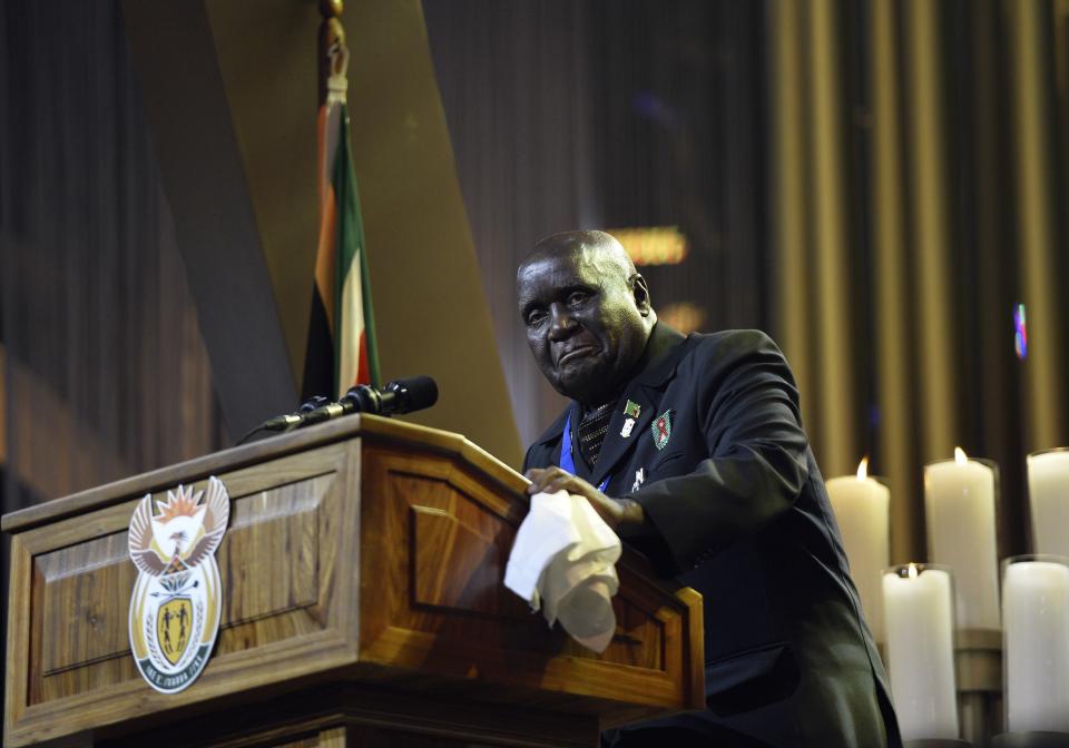 Former President of Zambia Kenneth Kaunda speaks during the funeral ceremony for former South African President Nelson Mandela in Qunu