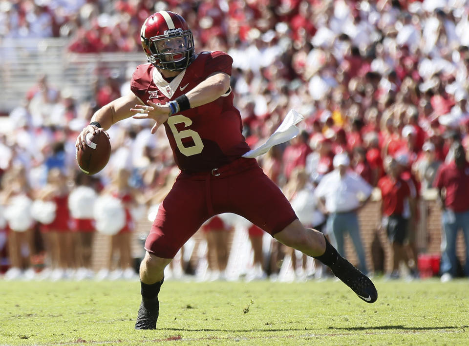 Baker Mayfield and Oklahoma fell out of the Top 10 in the latest AP poll. (AP Photo/Sue Ogrocki)