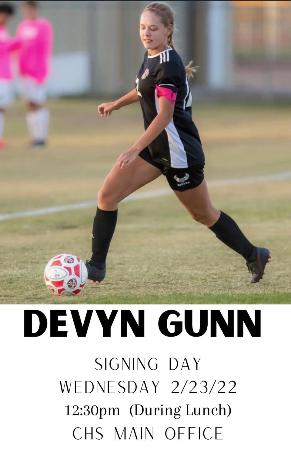 Centennial High School’s Devyn Gunn will play college soccer.