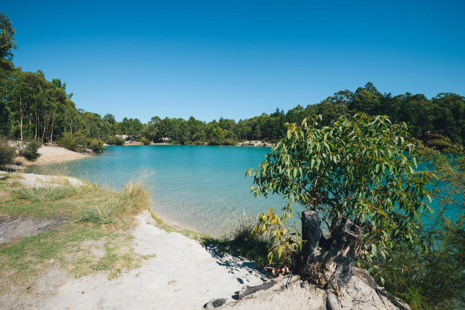 Black Diamond Lake in Collie, Western Australia. Originally a coal mine, it has since been abandoned and filled with bright blue water