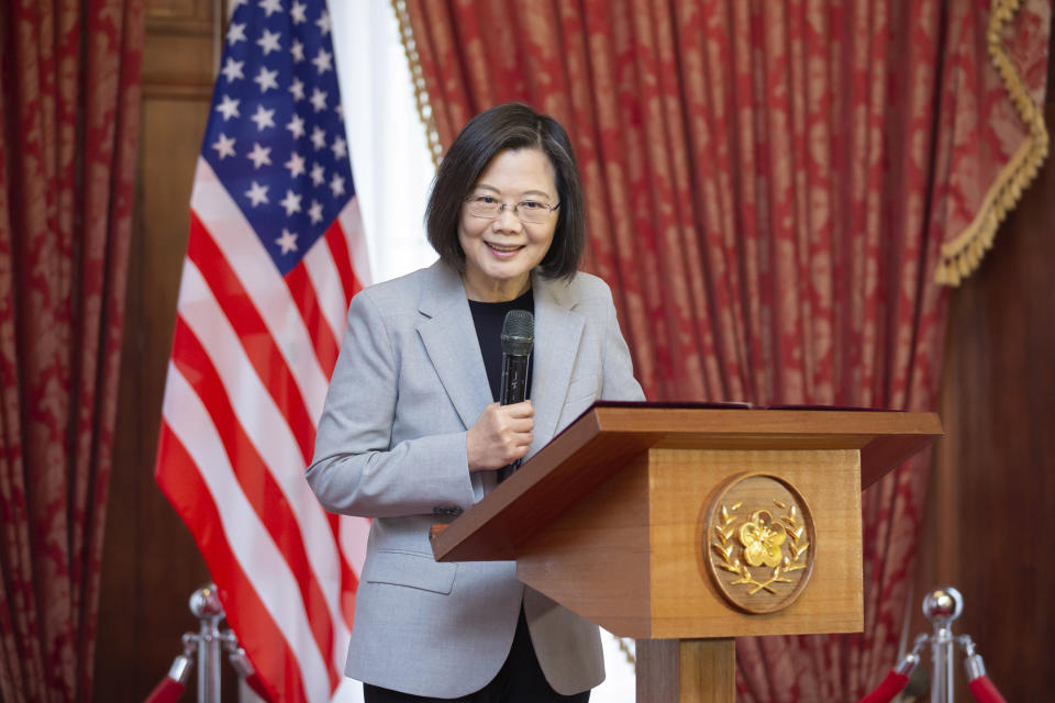 FILE - In this photo released by the Taiwan Presidential Office, Taiwan's President Tsai Ing-wen, speaks at a luncheon during a visit by a Congressional delegation to Taiwan in Taipei, Taiwan, April 8, 2023. Taiwan's president-elect Lai Ching-te is set to take office on May 20. Building on the legacy of incumbent president Tsai, Ing-wen means aiming to strike a balance between cultivating Taiwan's unofficial alliance with the United States, and maintaining peace with China, which claims Taiwan as its own territory, to be retaken by force if necessary. (Taiwan Presidential Office via AP, File)