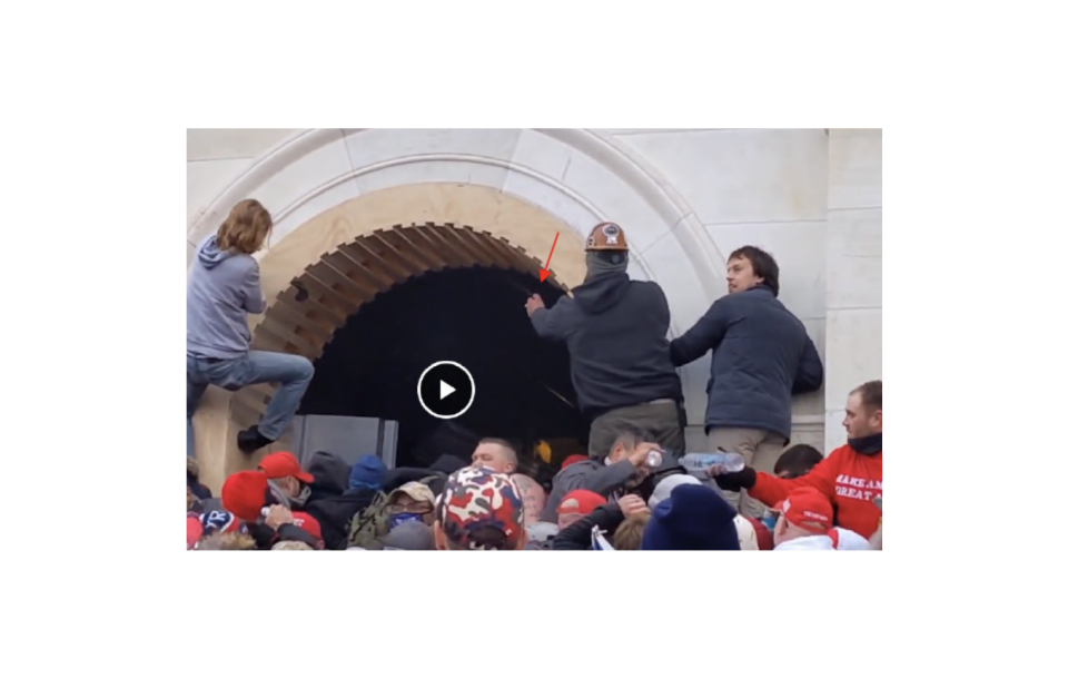 Screengrab of James Mault, seen in hard hat at top of screen on January 6, 2021 at U.S. Capitol. / Credit: Government exhibit