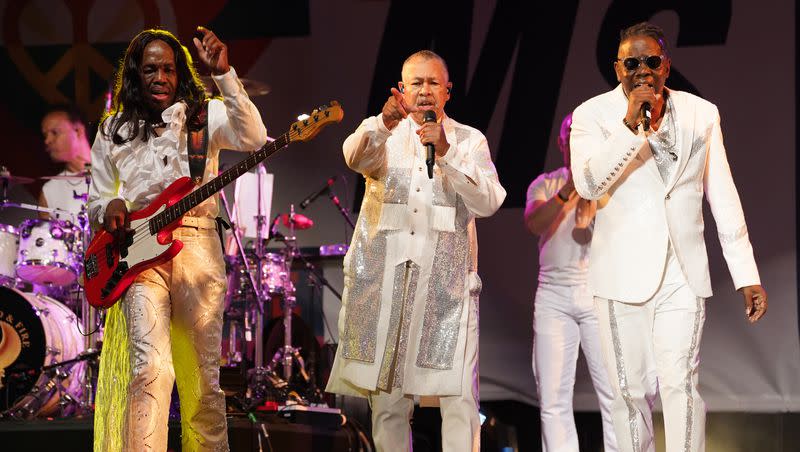 Verdine White, from left, Ralph Johnson and Philip Bailey of Earth, Wind & Fire perform at the Race to Erase MS drive-in event at the Rose Bowl, Friday, June 4, 2021, in Pasadena, Calif.