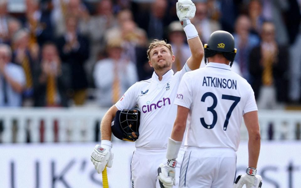 Joe Root points to the sky after making his 33rd Test century.