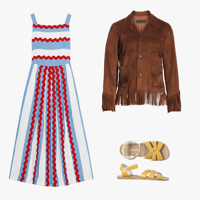 Max Mara cotton canvas dress, $297, maxmara.com; Nili Lotan Frida suede fringe jacket, $1995, nordstrom.com; Toast Salt Water original sandals, $90, toa.st