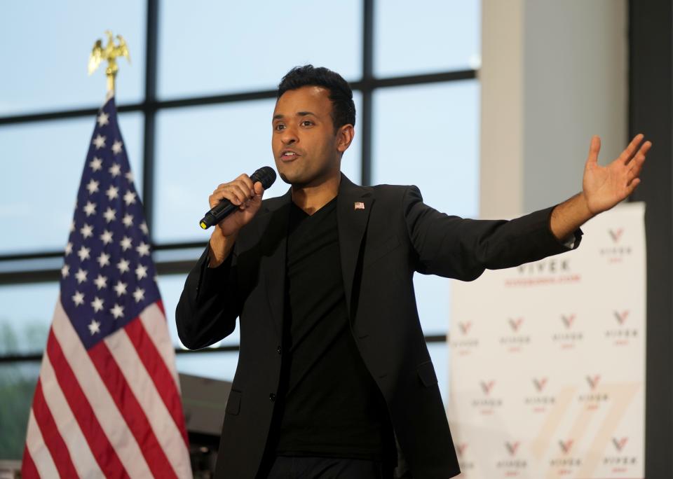 Republican presidential candidate Vivek Ramaswamy speaks during a campaign rally in Urbandale, Thursday, May 11, 2023. 