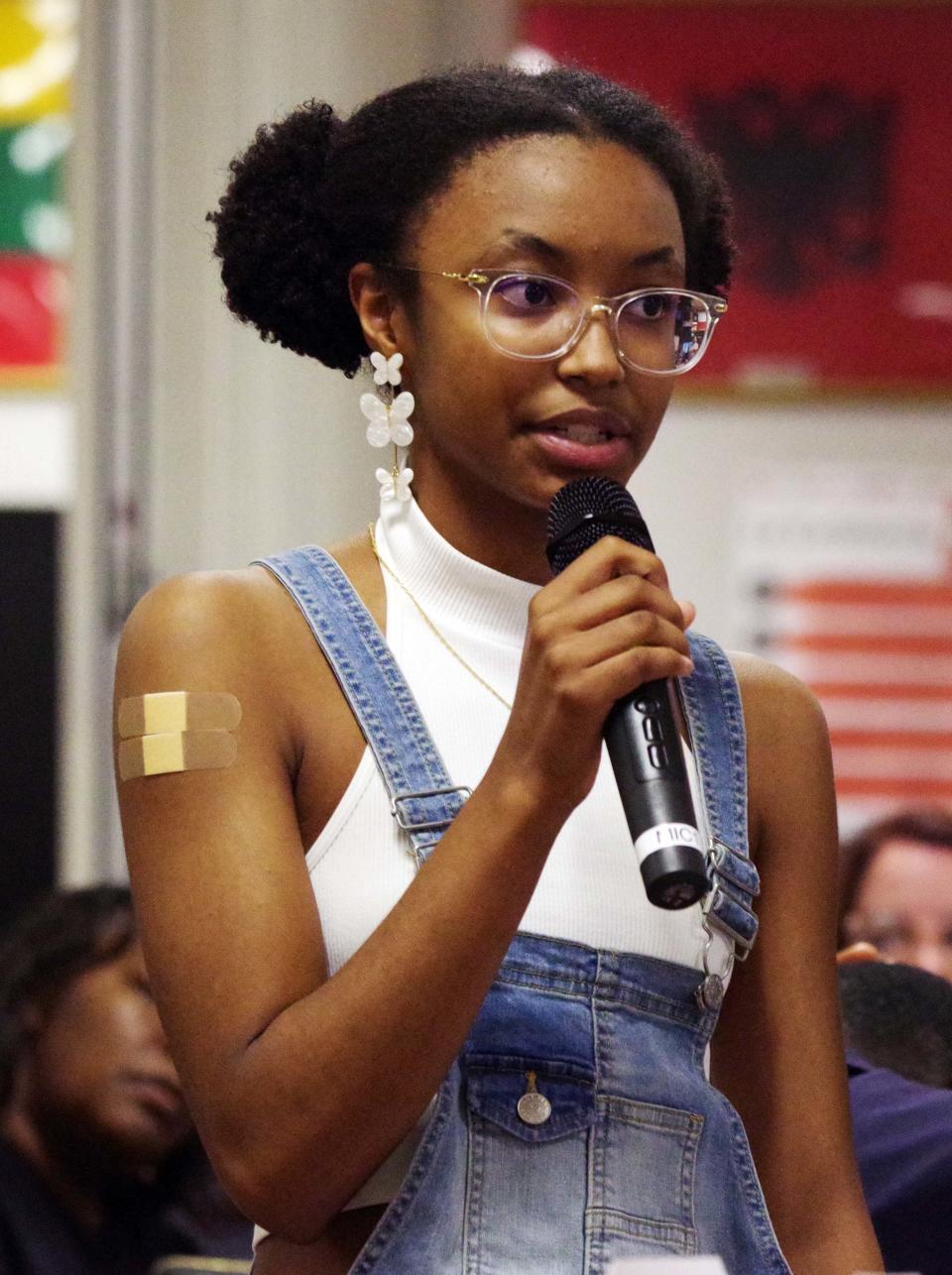 Wacilla Monez, 16, of Brockton, who is coming into her Junior year at Brockton High School,  speaks to the crowd at the high school cafeteria about the impact of a ill thought dress code might have on the students on Tuesday, July 11, 2023. She felt the one in place needs to be enforced properly as opposed to implementing a new one.