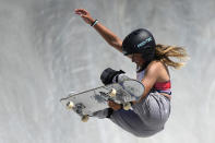 FILE - Sky Brown of Britain competes in the women's park skateboarding prelims at the 2020 Summer Olympics, Wednesday, Aug. 4, 2021, in Tokyo, Japan. (AP Photo/Ben Curtis, File)