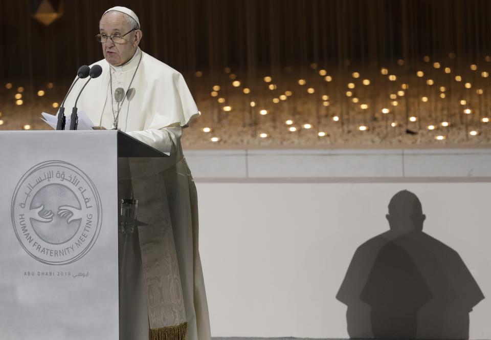 Pope Francis delivers his speech during an Interreligious meeting at the Founder's Memorial in Abu Dhabi, United Arab Emirates, Monday, Feb. 4, 2019. Pope Francis arrived in Abu Dhabi on Sunday. His visit represents the first papal trip ever to the Arabian Peninsula, the birthplace of Islam. (AP Photo/Andrew Medichini)