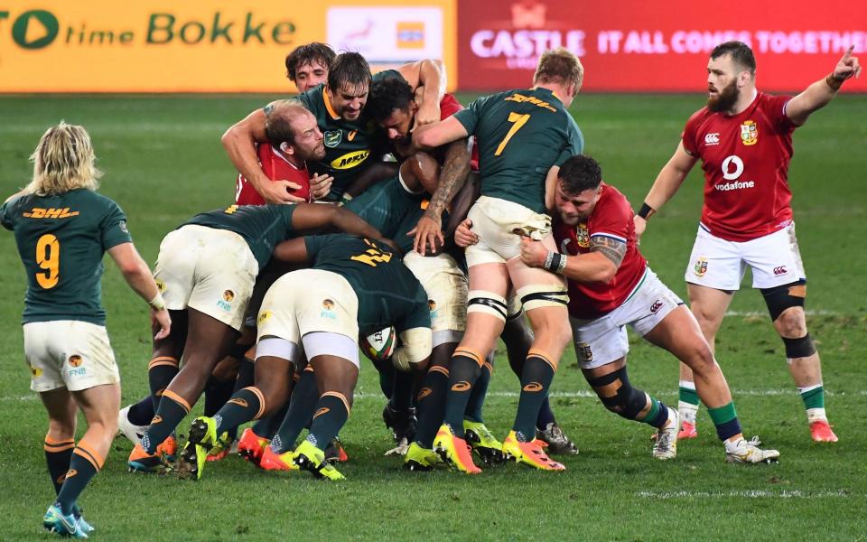 South Africa's second row Eben Etzebeth getting friendly with the Lions - AFP