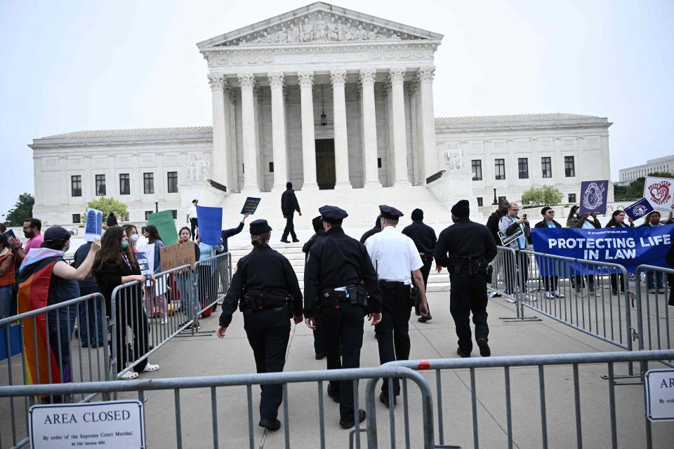 Pro-life and pro-choice demonstrators gather in front of the US Supreme Court in Washington, DC, on May 3, 2022.