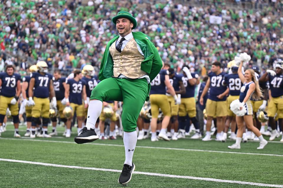 Sep 16, 2023; South Bend, Indiana, USA; The Notre Dame Leprechaun celebrates after the Notre Dame Fighting Irish defeated the Central Michigan Chippewas at Notre Dame Stadium. Mandatory Credit: Matt Cashore-USA TODAY Sports