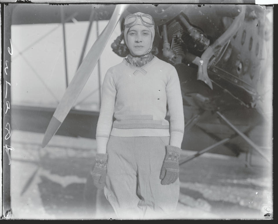 Hermelinda Urvina Briones, 26, of Ambato, Ecuador, who claimed to be the first woman&nbsp;in South America to become a pilot, prepares for a practice flight at Curtiss Airport, Long Island, on Dec. 3, 1932.