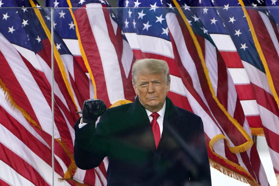 FILE - President Donald Trump gestures as he arrives to speak at a rally in Washington, Jan. 6, 2021. A lawyer for Trump said Thursday, March 30, 2023, that he has been told that the former president has been indicted in New York on charges involving payments made during the 2016 presidential campaign to silence claims of an extramarital sexual encounter. (AP Photo/Jacquelyn Martin, File)
